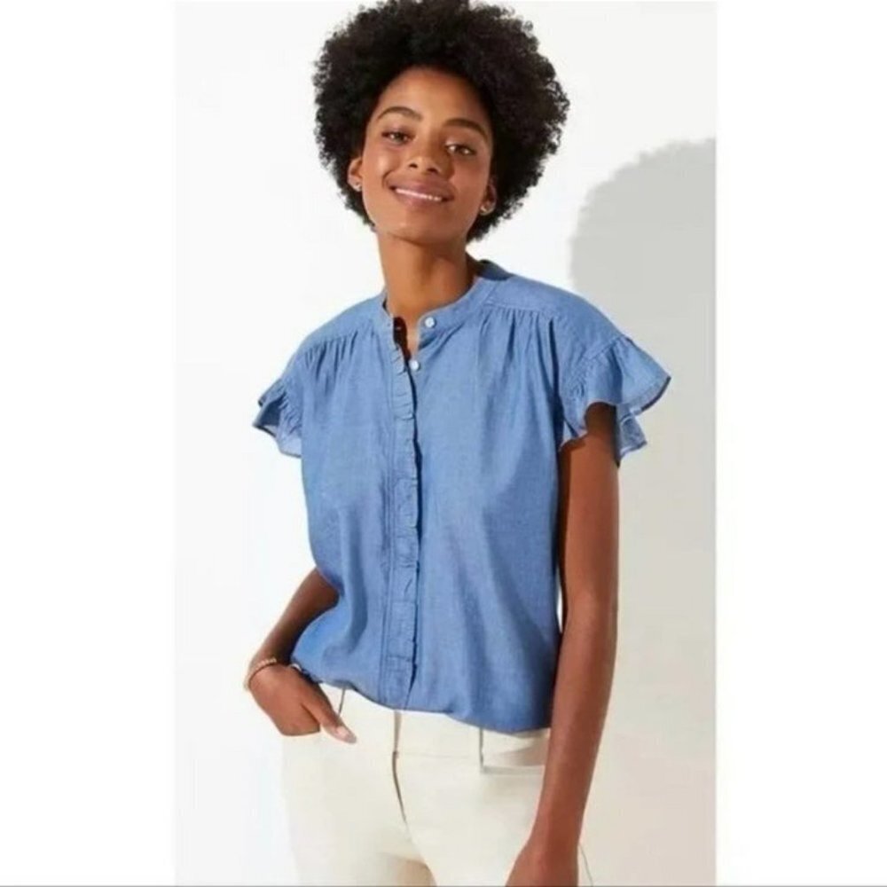 Loft Shadow Blue Chambray Ruffle Flutter Sleeve B… - image 1